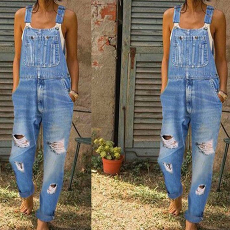 Summer Sleeveless Casual Ripped School Bag Strap Jeans Teen  Jumpsuit Jumpsuit Women's Ripped Denim Overalls Pants