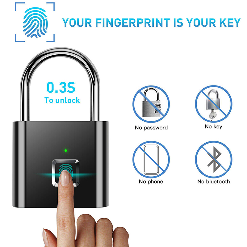 Black silver USB Rechargeable Door Smart Lock Fingerprint Padlock Quick Unlock Zinc alloy Metal High identify Security lock