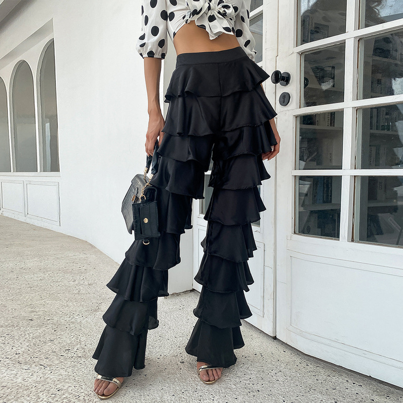 Muslim Women  Black Trousers Loose Straight Pants High Waist Ruffled Pants Musulman Turkish Islam Clothing Female Y1126