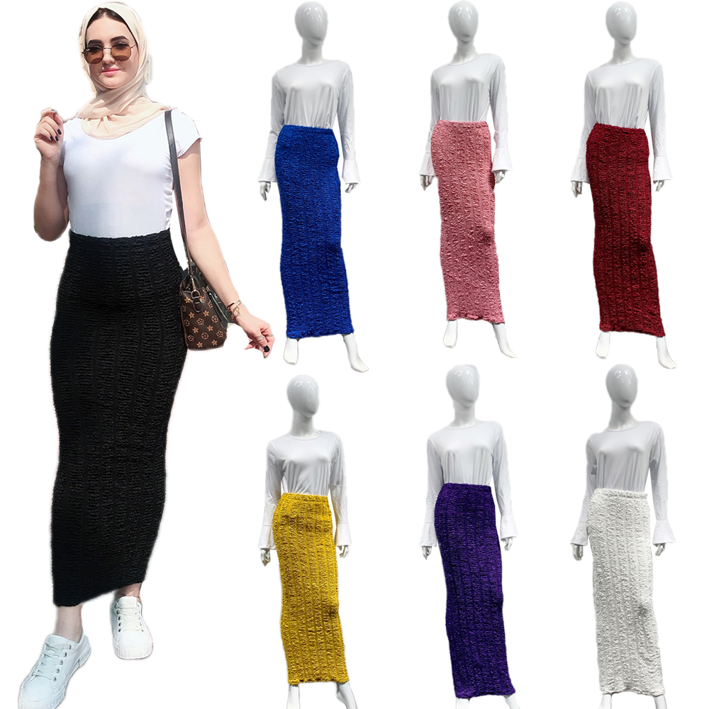 Muslim Skirt Bodycon Stretch Elasticity Women Knit Maxi Bottoms Solid Color Ramadan Sheath Islamic Skirts High Waist Straight