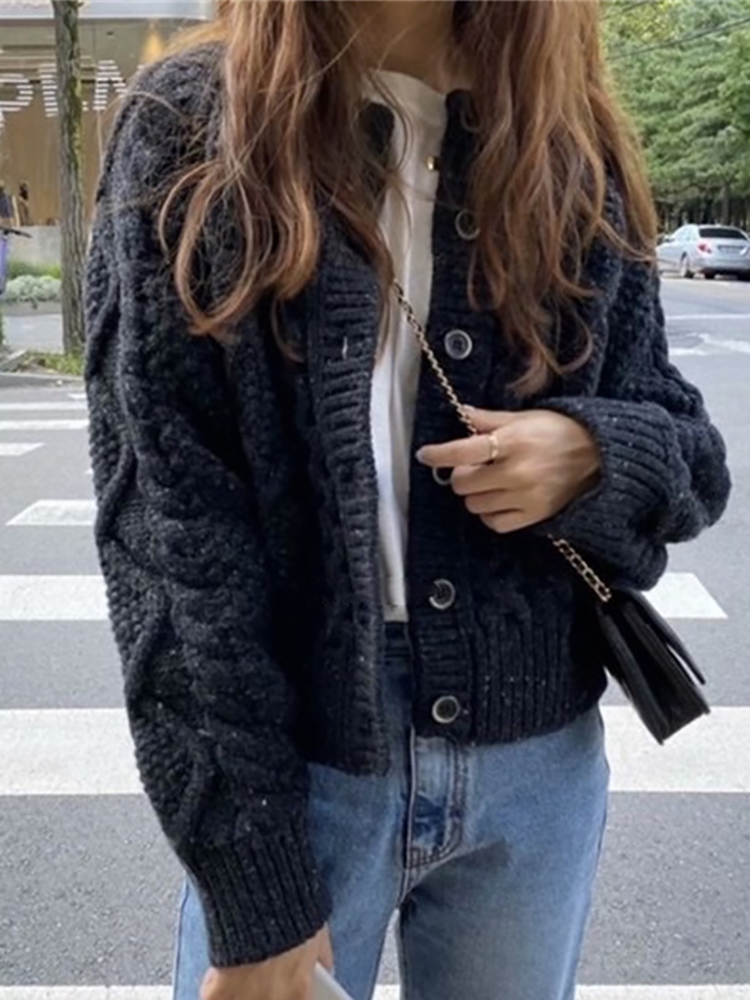 Cardigan Women Winter Knitted Sweater Ladies Round Neck Long Sleeve Top Female Single Breasted Loose Coat Pull Femme