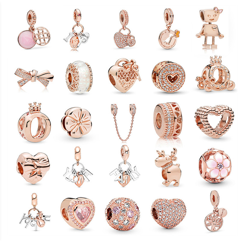 Rose Gold Series Beads Bow Heart-Shaped Beads Fit Original Pandora Silver 925 Bracelet Bead for DIY Women Jewelry Making