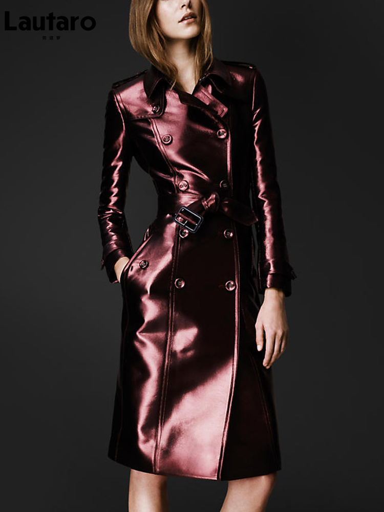 Lautaro Spring Autumn Long Shiny Reflective Patent Leather Trench Coat for Women Belt Double Breasted Cool European  