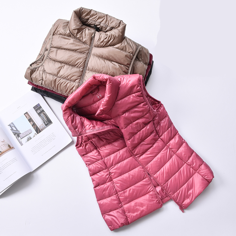  Women 90% White Duck Down Vest Women's Ultra Light Duck Down Vest Jacket Autumn Winter High collar Sleeveless Coat