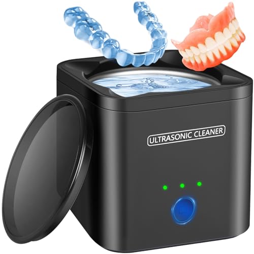Ultrasonic Retainer Cleaner for Dentures, Mouth Guard, Night Guard, 45kHz Professional Dental Ultrasonic Cleaner, 190ml Sonic Cleaning Machine for Jewelry, Dental Appliance (Black)