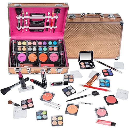 SHANY Carry All Makeup Train Case with Pro Makeup Set, Makeup Brushes, Lipsticks, Eye Shadows, Blushes, Powders, and more - Reusable Makeup Storage Organizer - Premium Gift Packaging - Rose Gold