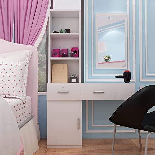 WERSMT Salon Stations for Hair Stylist, Wall Mount Barber Beauty Equipment with Storage Cabinet, 2 Drawers and 3 Open Shelves, White(Mirror not Included)