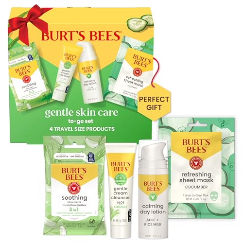 Burt's Bees Christmas Gifts, Gentle Skin Care To-Go Set, Includes Cleanser, Towelettes, Lotion and Sheet Mask, Travel Size Facial Skin Care for Sensitive Skin, Natural Origin Skin Care, 1 Gift Set