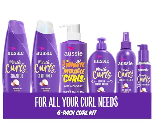 Aussie Miracle Curls Set: Shampoo, Conditioner, Deep Conditioner, Spray Gel, Detangling Milk, Hair Treatments, Curl Oil, Coconut & Jojoba, Frizz Control, 6 Pieces
