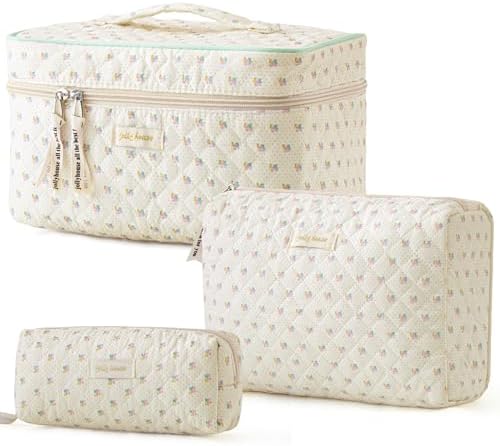 HBselect Quilted Makeup Bag, 3PCS Cotton Large Travel Makeup Bag, Cute Floral Coquette Make up Bag Cosmetic Bag Toiletry Bag for Women Girls