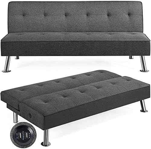 Yaheetech Modern Convertible Futon Sofa Bed w/ 2 Integrated USB Charging Ports Fabric Loveseat Couch Metal Legs, 3 Angles Adjustable Back for Compact Living Space, Apartment, Dorm, Bonus Room Gray