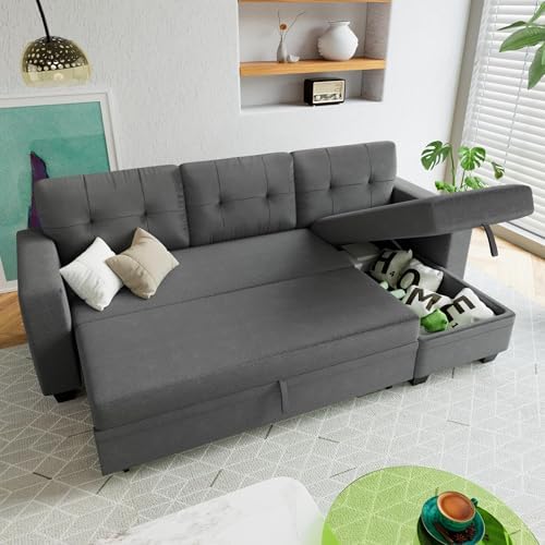 Furniwell L Shaped Sleeper Sofa, Modern Sofa Bed with Storage Chaise Lounge Pull Out Couch Sectional Couches for Living Room, Small Apartment, Office (Linen Fabric, Gray)