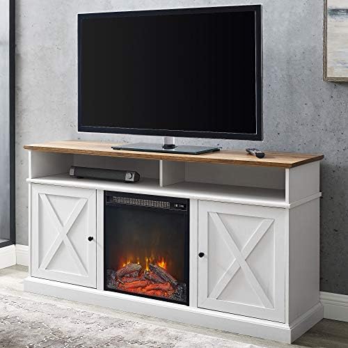 Walker Edison Atticus Farmhouse Tall X Barn Door Fireplace Stand for TVs up to 65 Inches, Reclaimed Barnwood/White