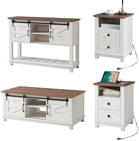 AMERLIFE Farmhouse Table Set of 4, Entryway Table with Adjustable Open Shelves, 18" End Tables Set 0f 2 with Charging Station, Rectangular Large Coffee Table with Sliding Barn Doors, Rustic White