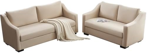 AMERLIFE Couch,Comfy Sofa Couch with Slope Armrests, 2 Piece Set Extra Deep Seat Sofa for Living Room, Apartment, Lounge Room,Beige