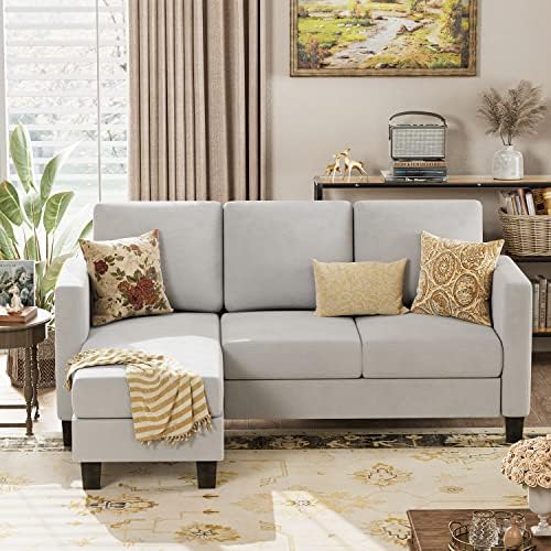 Convertible Sectional Sofa Couch, L-Shaped 3 Seat with Linen Fabric and Movable Ottoman, for Small Apartments, Living Room and Office, Gray