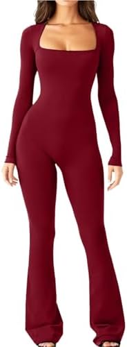 Women's Long Sleeve Flared Jumpsuit Square Neck Wide Leg Full Length One Piece Fitness Suit Stretchy Jumpsuit