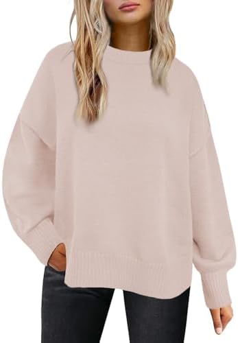 Womens Oversized Sweaters Trendy Ribbed Knit Pullover Tops Side Slit Crewneck Sweatshirts Fall Fashion 2024