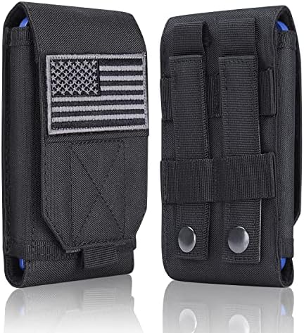 Black Tactical Molle CellPhone Pouch Case,Heavy Duty Waterproof Phone Holster Bag for iPhone 11 12 13 Pro Max Samsung S22 S21 S20 FE Note 20 A13 A12 A02S Less 6.7" Phone with US Flag Patch
