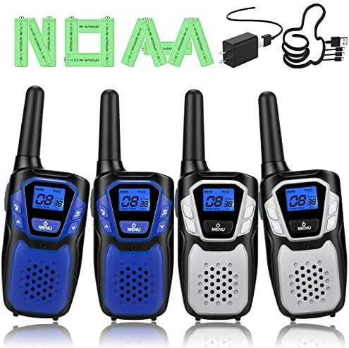 Walkie Talkies Rechargeable, 4 Pack Easy to Use Long Range Walky Talky for Adult Handheld Two Way Radio with NOAA for Hiking Camping (2Blue & 2Silver with Micro-USB Charger/Battery/Lanyard)