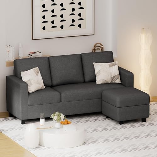 Flamaker Sofa, Sectional Couch with Reversible Chaise, Fabric Small Sofa for Living Room, Dark Grey, 64.2x42.5x16.9 inches, 660lbs Weight Capacity