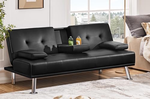 Yaheetech Modern Sofa Bed Faux Leather Sofa Convertible Folding Futon Couch with Armrest Home Recliner Home Furniture for Living Room Black
