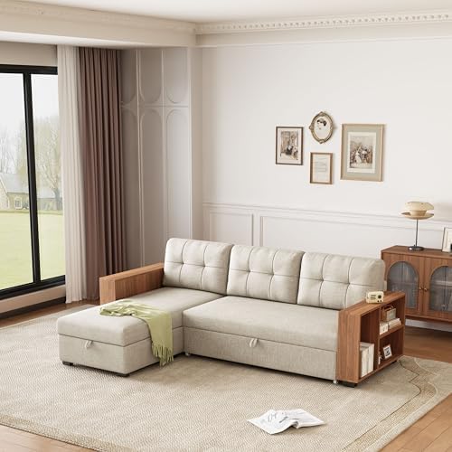 L Shaped Pull Out Couch Bed with Storage Chaise,Convertible Sectional Sleeper Sofa with 2 Wooden Armrests and 3 Removable Back Cushions for Living Room,Office, 84", Beige 1