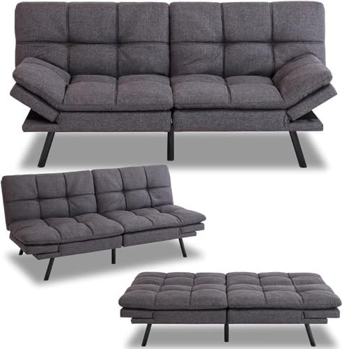 MUUEGM Futon Sofa Bed Couch Memory Foam Futon Convertible Couch Bed Sleeper,Modern Love Seat Daybed Sofa for Living Room,Small Space,Office,71",Adjustable Backrests Armrests,Grey