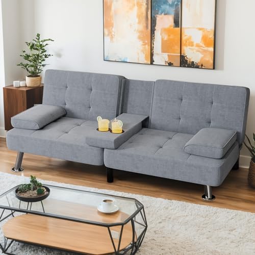 Shahoo Modern Linen Upholstered Convertible Folding Futon Sofa Bed with Removable Armrests, Metal Legs, 2 Cup Holders for Living Room, Dark Grey