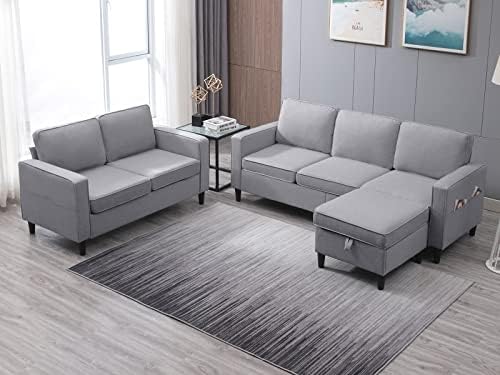 Mjkone 3 PCS Convertible Sectional Sofa Set, Linen Sofa Set with Side Pocket, Couch Set with Storage Ottoman, Furniture Sets in Living Room (Light Grey, Sectional Sofa+Loveseat Sofa Set)