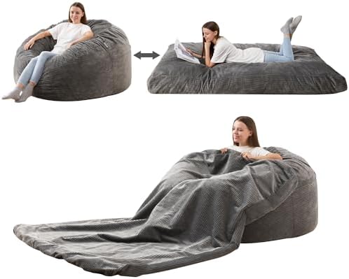 Homguava Corduroy Bean Bag Chair, Variable Shape from Bean Bag to Matress, Convertible Beanbag Chair for Home, Living Room(Grey, Full)