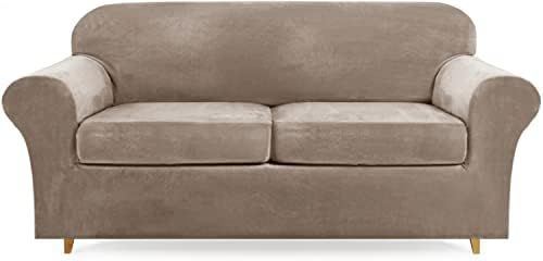 Lamberia High Stretch Sofa Cover for 2 Cushion Couch Loveseat Cover 3 Pieces Thick &Washable Plush Velvet Sofa Slipcover Couch Cover Furniture Protector for Dogs,Pets&Kids（Loveseat-L,Taupe