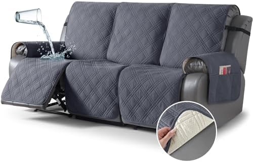 TAOCOCO Waterproof Recliner Sofa Cover Couch Cover for Reclining Couch 3 Seat Non-Slip Split Sofa Slipcover 3-Pieces with Straps, Washable Reclining Sofa Cover for Kids Pets(3 Seater, Dark Grey)