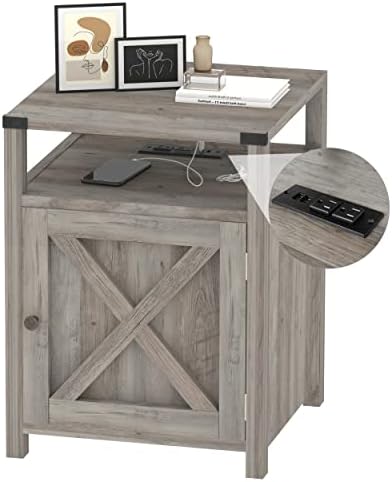 Farmhouse Nightstand with Charging Station, Rustic End Table Bedroom with Storage Living Room Side Table Grey Night Stand Industrial Bedside Bed Table with USB Ports and Outlets