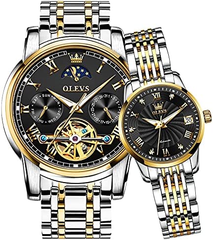 OLEVS Couple Pair Watch Automatic for Men and Women His and Hers Watches Set Gifts Mechanical Self-Winding Tourbillon Big Face Dress Wristwatch with Day Date Calendar Two Tone
